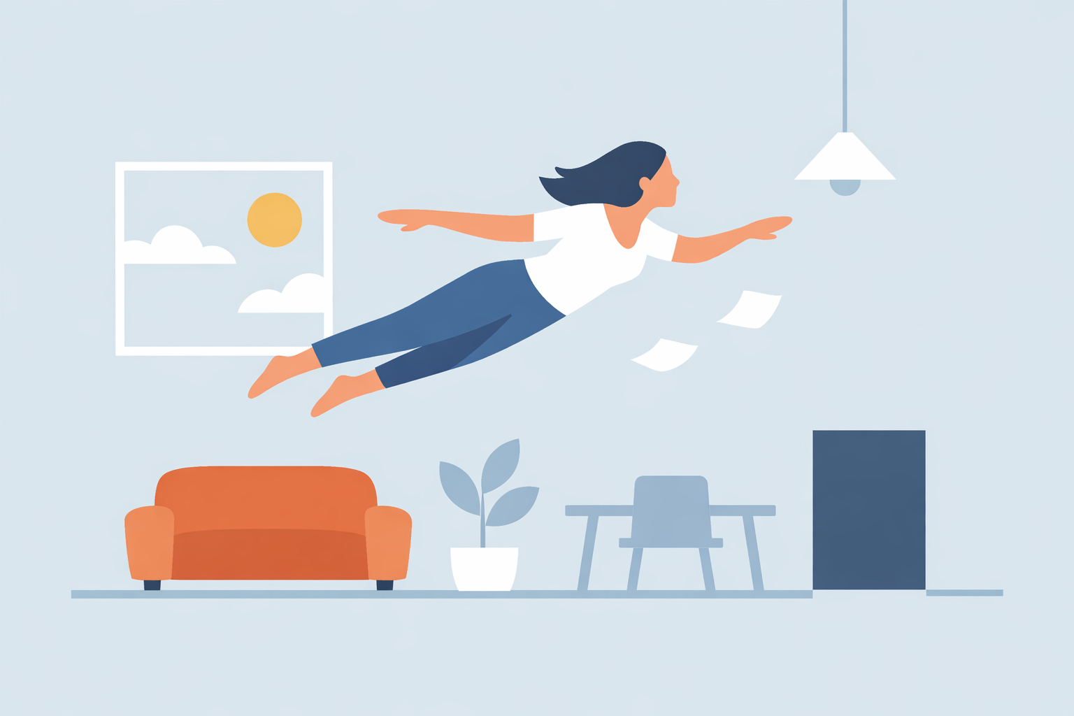 室内を飛ぶ夢は自由と解放感のあらわれとされています